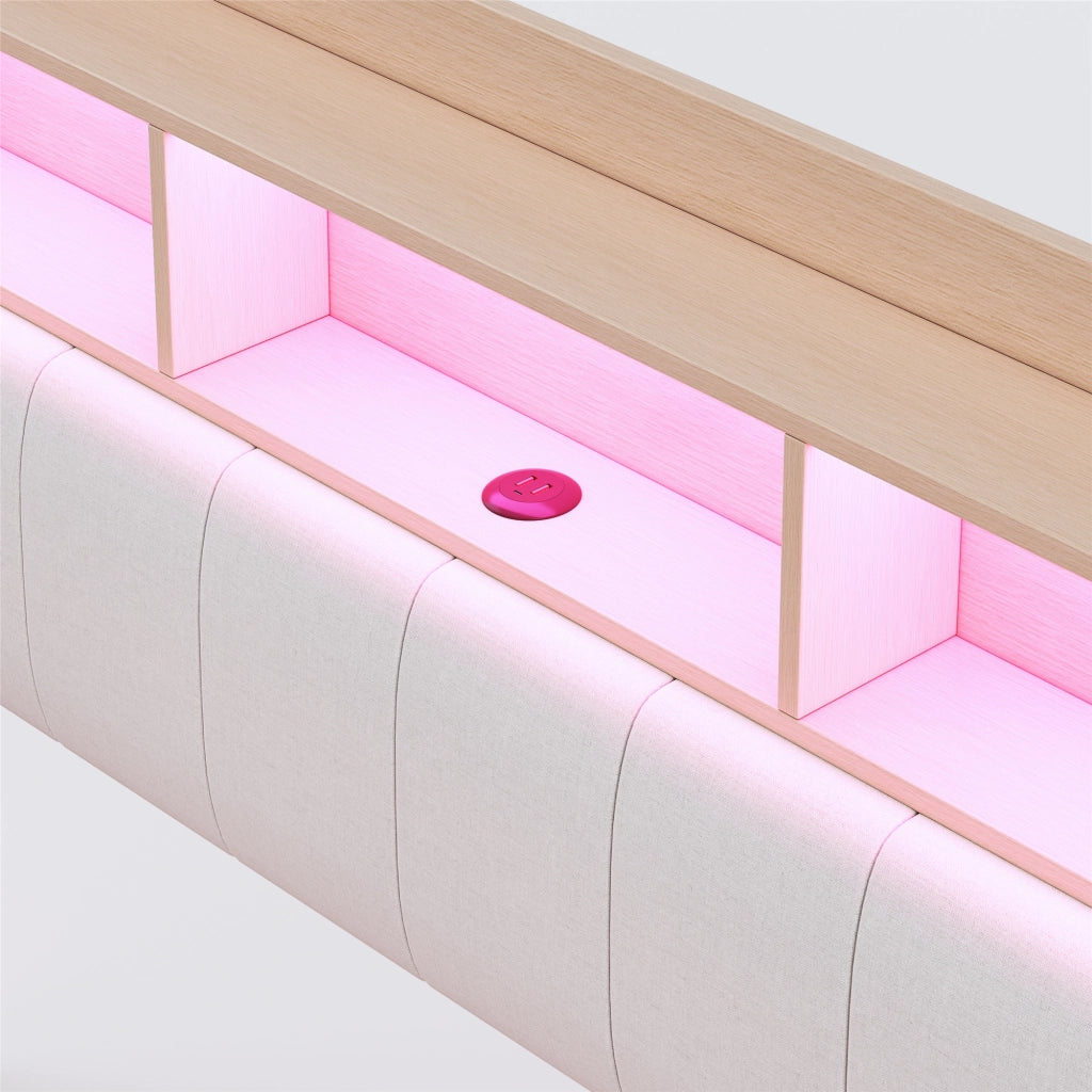 Letto imbottito sospeso 140x200 cm con LED, porte USB e Type-C, contenitore testiera, beige