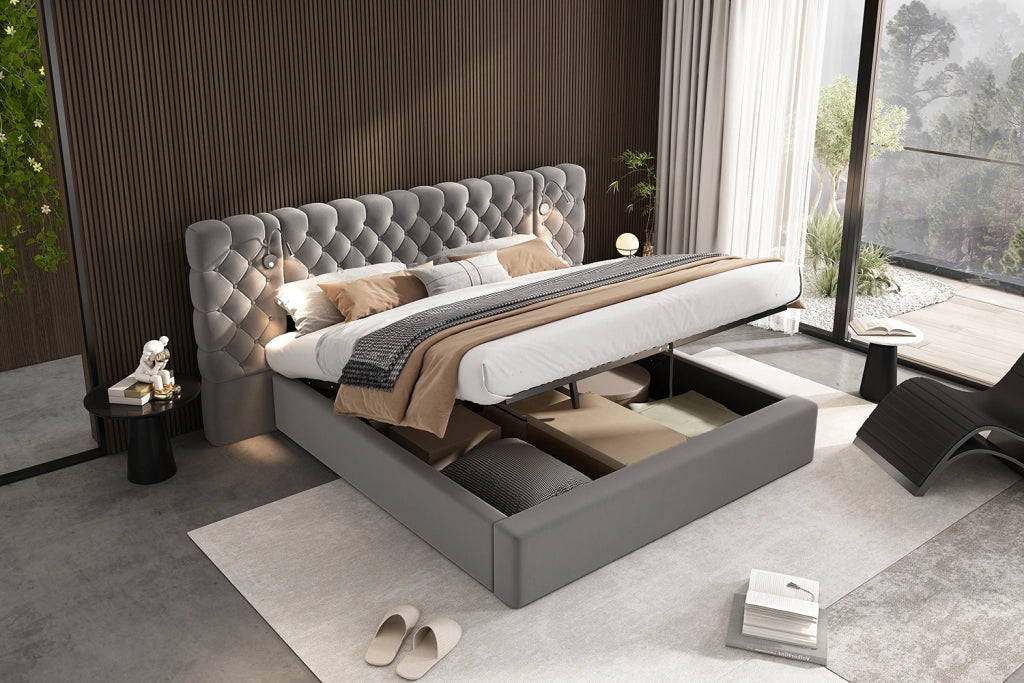 DESMIU Letto contenitore 160 × 200 cm 2 posti con vano idraulico e lampada da lettura, senza materasso, velluto grigio