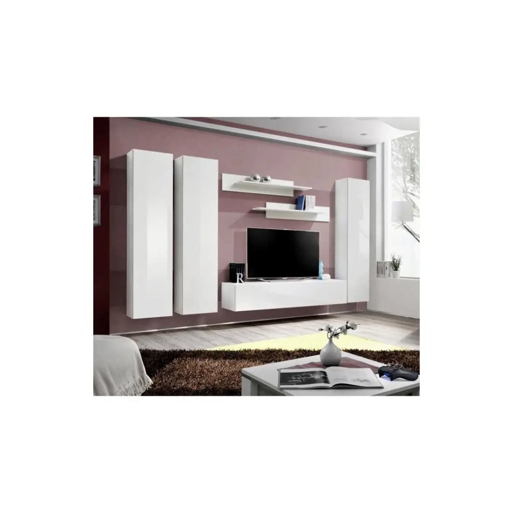 Mobile TV FLY C1 design, colore bianco lucido. Mobile sospeso moderno e alla moda per il tuo soggiorno.