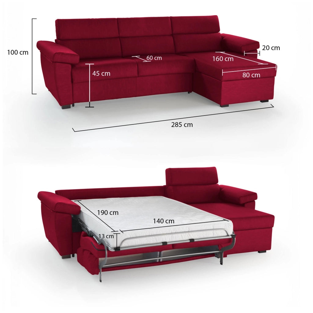 Priverno, Divano Letto con Penisola Sfoderabile Made in Italy, 285x160 cm Rosso