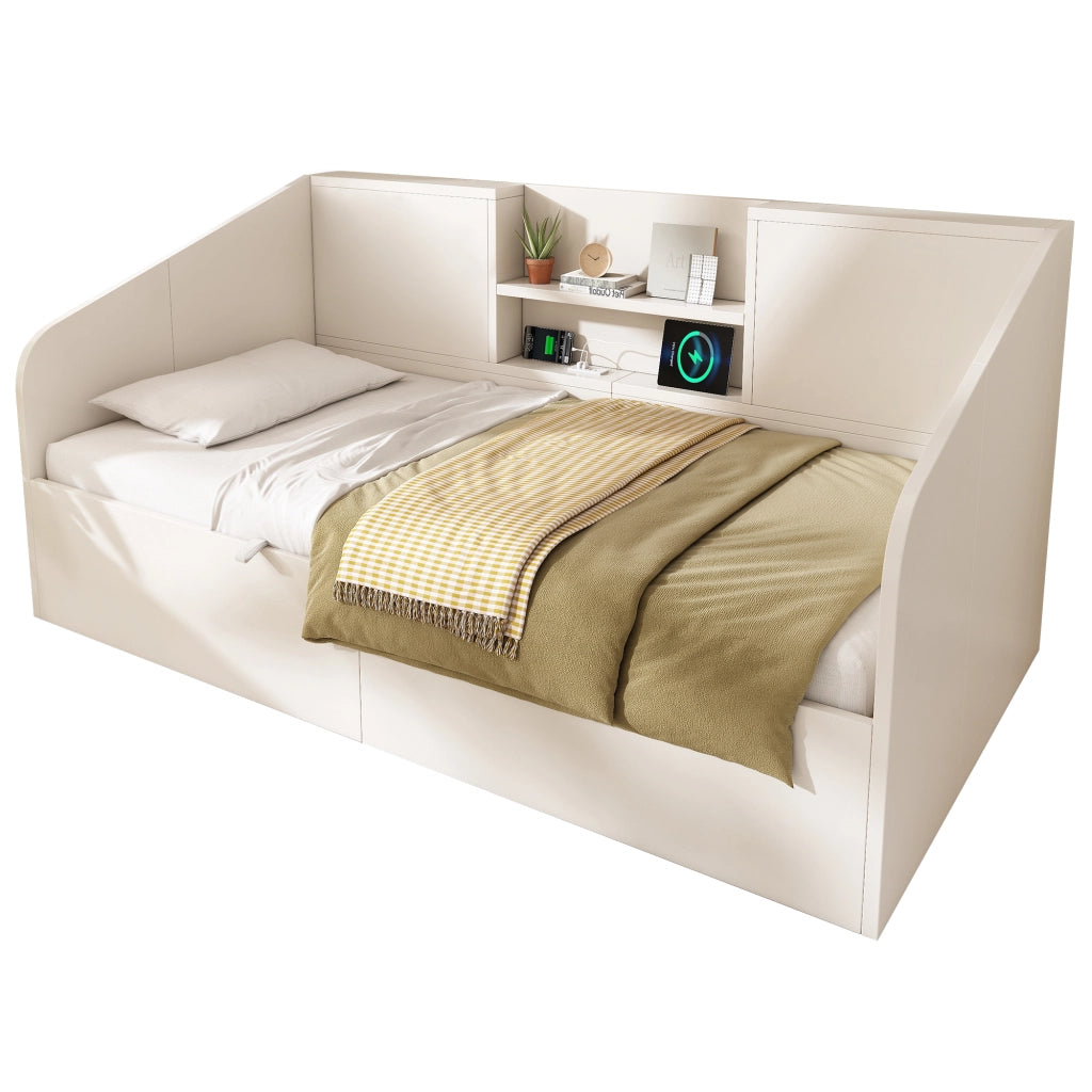 OKWISH Letto Divano 90×200 cm, Letto Singolo con Vano Contenitore Idraulico, USB, Type-C e Mensole, senza Materasso, in Legno, Bianco