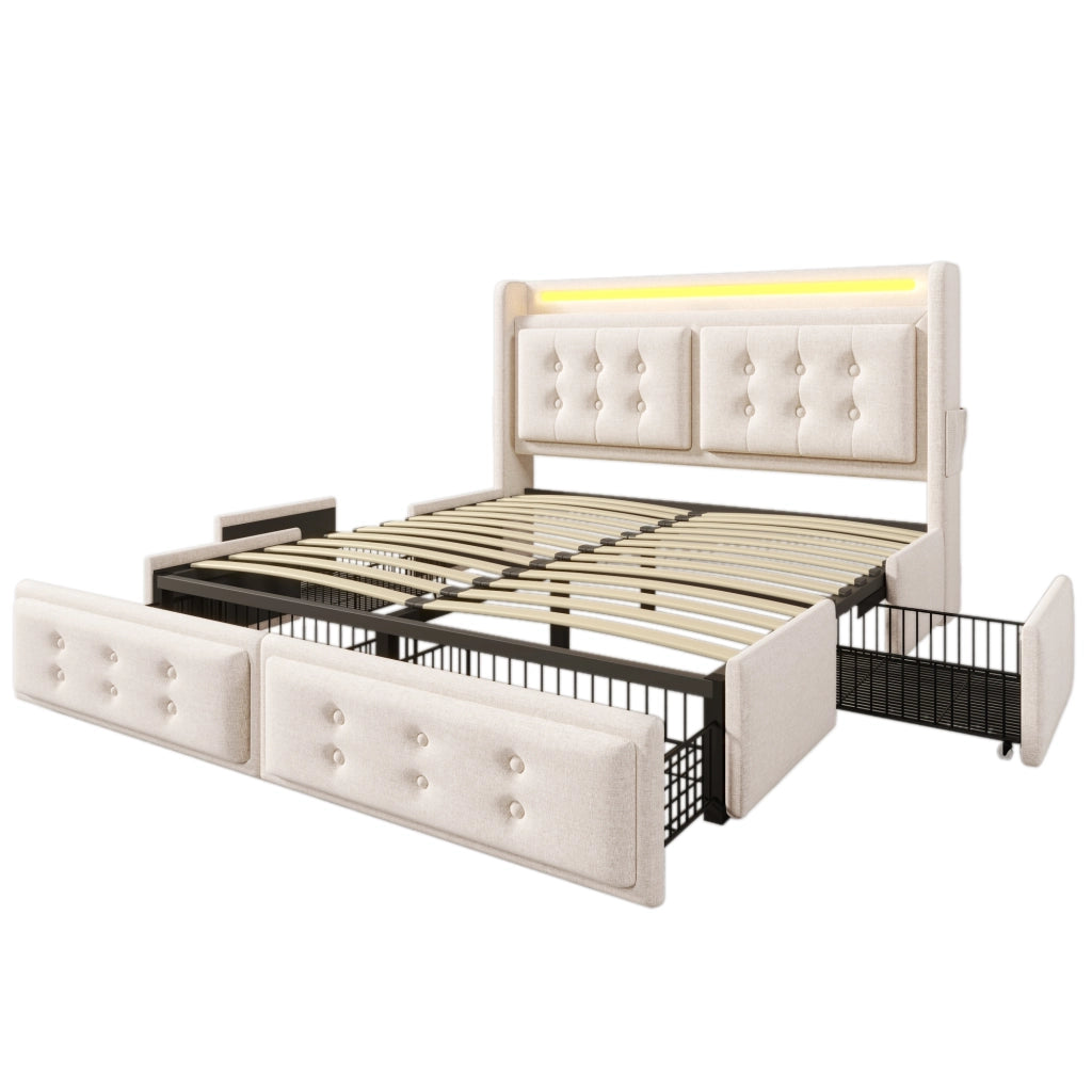Letto imbottito 140x200 cm con LED, porte di ricarica USB-C e USB, 4 cassetti, struttura in legno e metallo, Beige