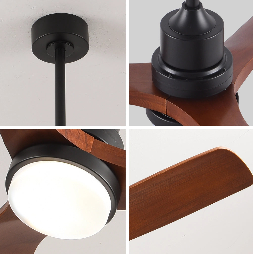 Ventilatore da soffitto 60" in legno massello con LED, telecomando, noce e nero