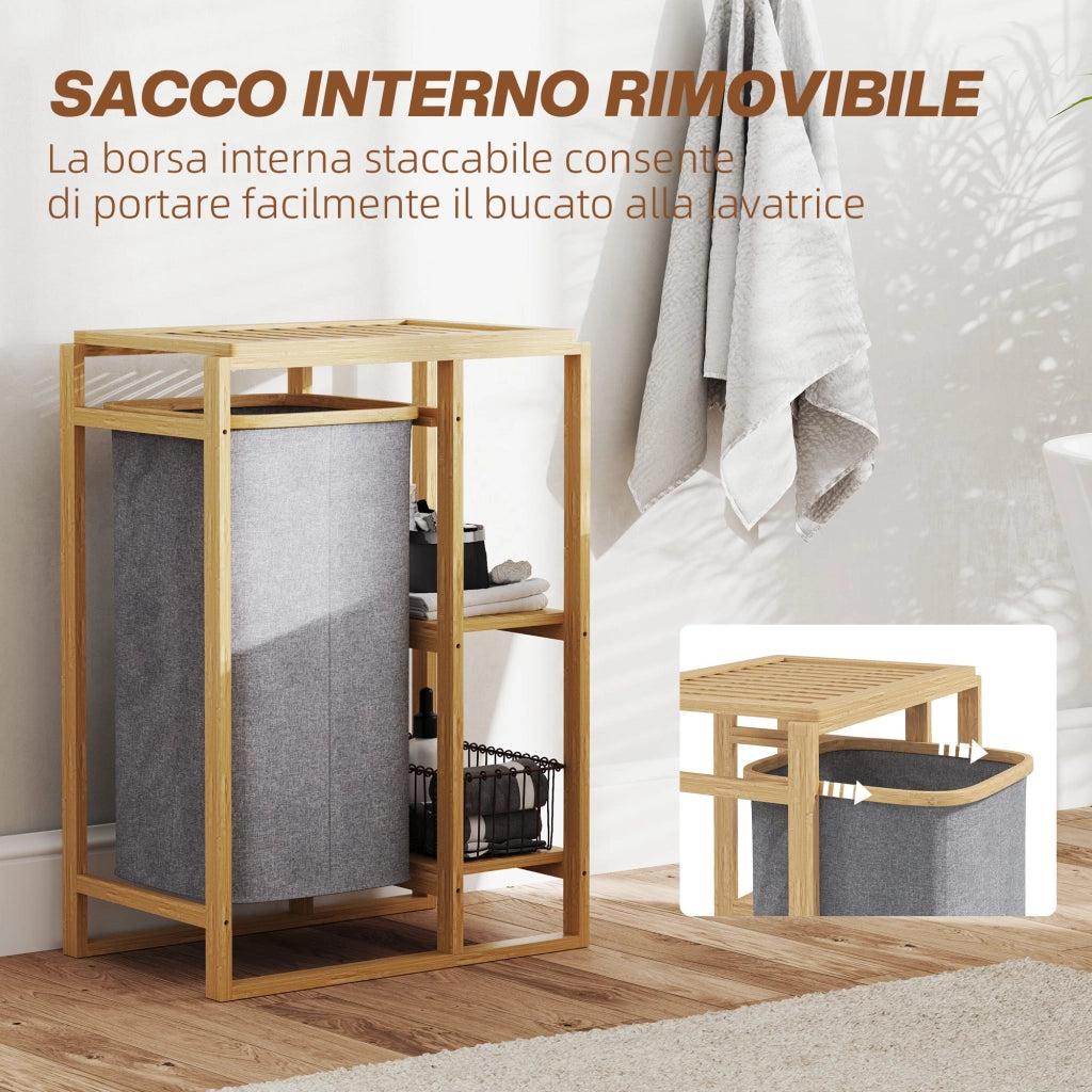 Cesto Portabiancheria 50x32x70 cm con Borsa Estraibile e Ripiano in Bambù Grigio