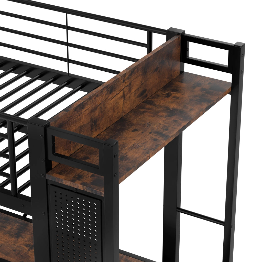 OKWISH Letto a Soppalco 90×200 cm, Letto Singolo con Scrivania, Barra Appendiabiti, Mensole, 4 Cassetti e LED, senza Materasso, Nero
