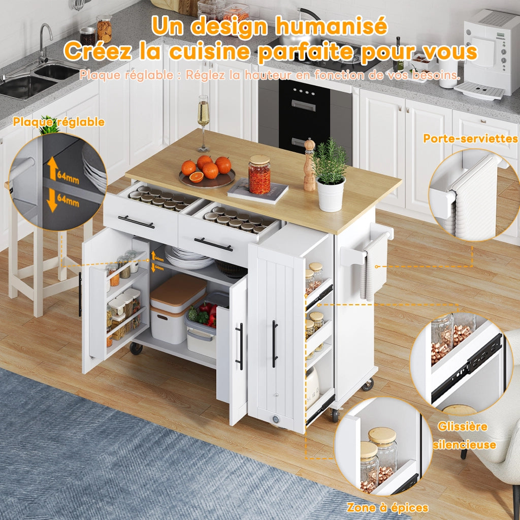 Carrello da Cucina con 2 Cassetti; Vano Estraibile a 3 Livelli; Piano Ribaltabile e Ruote; 120 x 40(65) x 90 cm