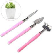 Set di attrezzi per giardinaggio mini 3 pezzi, attrezzi per giardinaggio in acciaio inossidabile, zappa, rastrello, pala, attrezzi per piante grasso, piante da vaso e fiori (rosa)