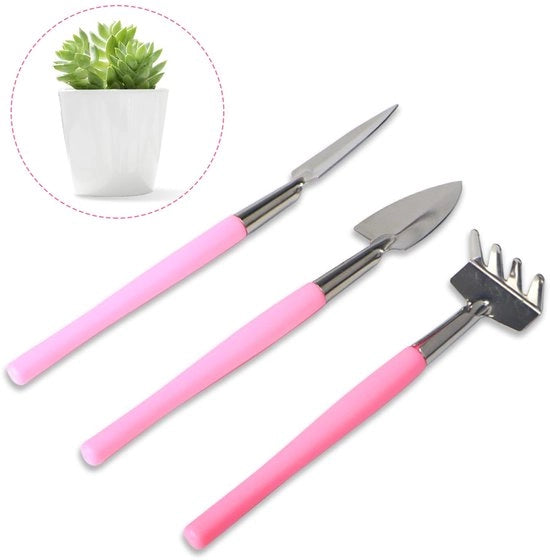 Set di attrezzi per giardinaggio mini 3 pezzi, attrezzi per giardinaggio in acciaio inossidabile, zappa, rastrello, pala, attrezzi per piante grasso, piante da vaso e fiori (rosa)