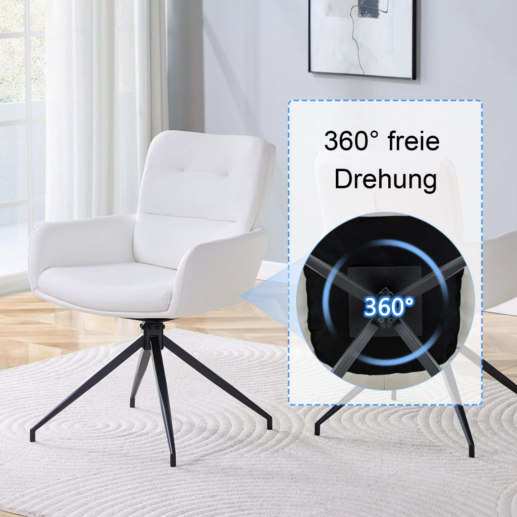 Sedia da pranzo girevole 360° con schienale capitonné, PU e gambe in metallo nere, bianco e nero, 85 cm