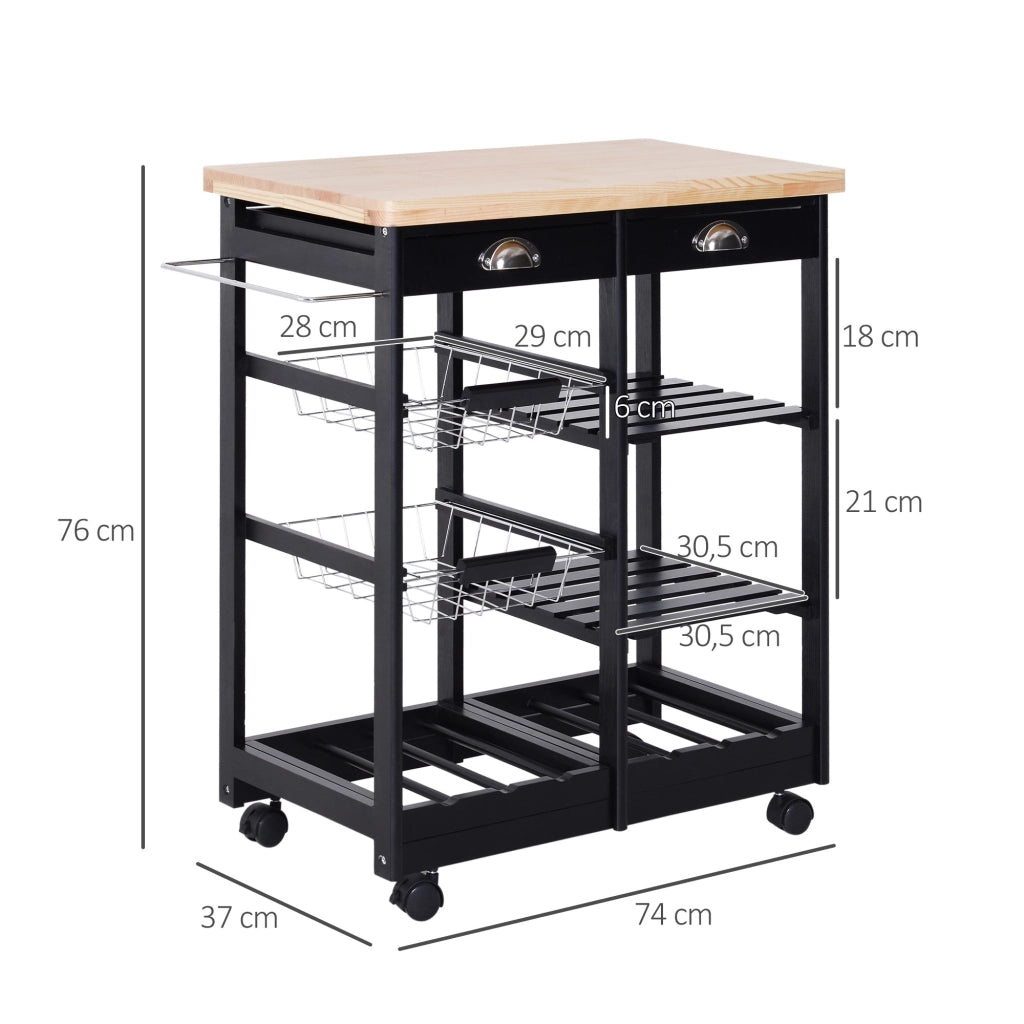 Carro per cucina con 2 cassetti, 2 cestini e 2 ripiani ¨C zephmum ¨C Nero 74x37x76 cm