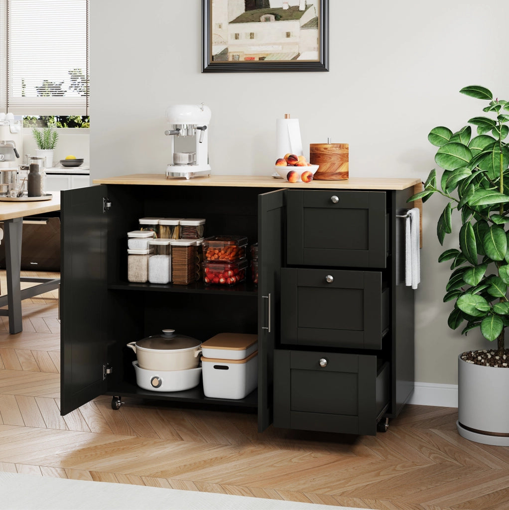 Isola da cucina mobile pieghevole 135x44(70)x90 cm in MDF nero e naturale