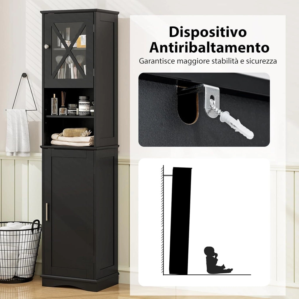 Mobile Bagno 40 x 30 x 170,5cm, Armadietto a Colonna Stretto e Alto con 5 Ripiani Regolabili e 2 Porte, Armadio da Terra in Legno per Soggiorno, Camera da Letto, Salotto e Cucina (Nero)