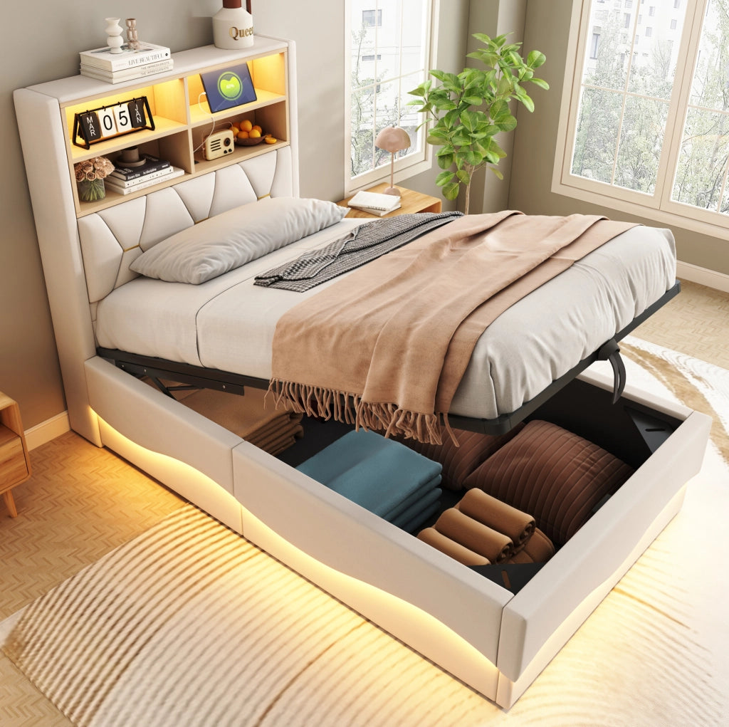 Letto 90x200 cm beige in metallo e lino, con contenitore e LED