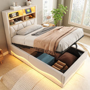 Letto 90x200 cm beige in metallo e lino, con contenitore e LED