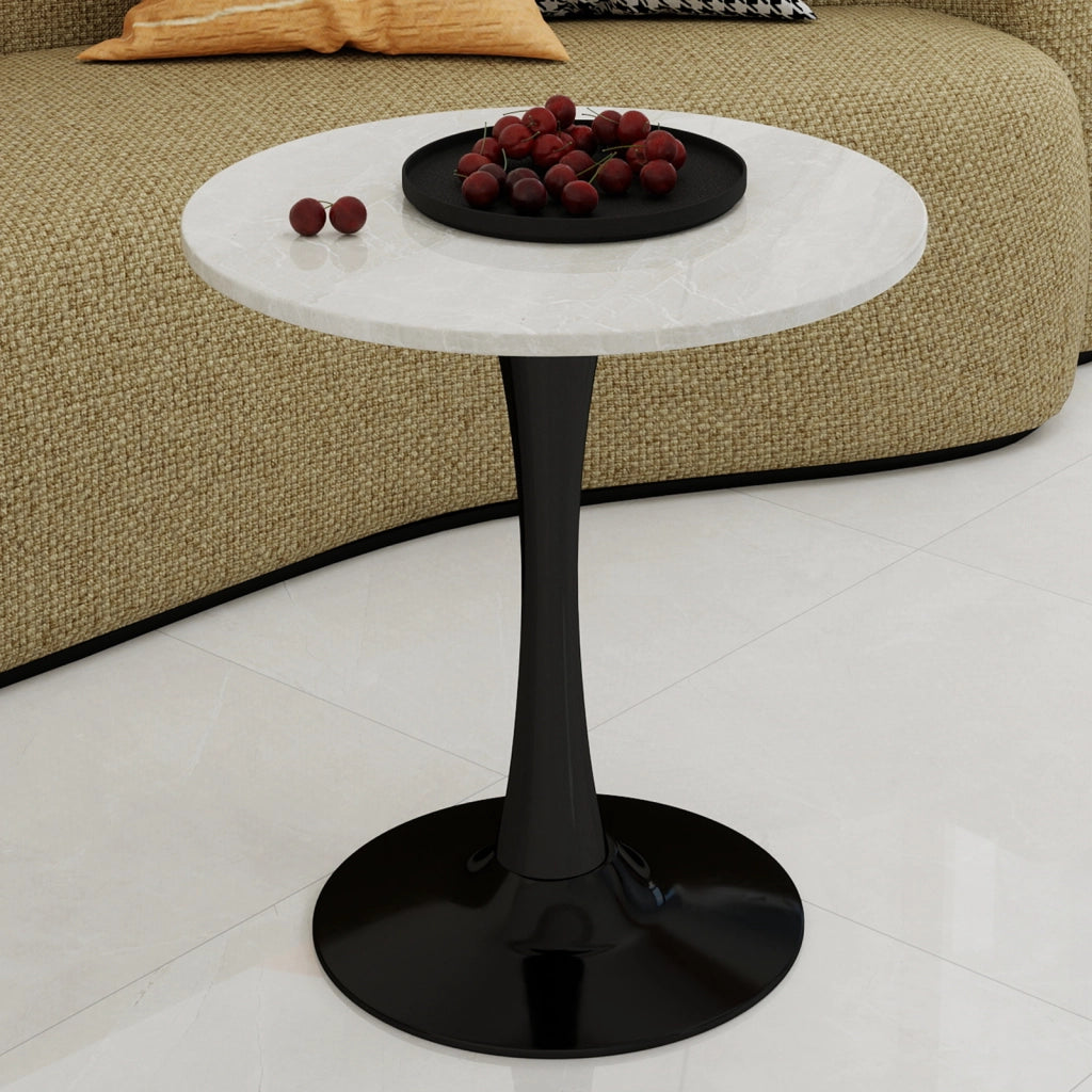 Tavolo da pranzo - rotondo 70 cm - stile mid-century - marmo venato bianco - per 2-4 persone - nero