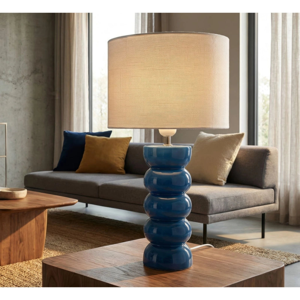 Lampada da tavolo Torr in ceramica blu lucida e tessuto