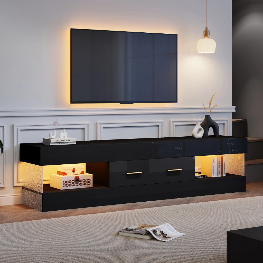 Mobile porta TV con LED e ripiani aperti, 2 cassetti, effetto moderno per soggiorno, nero 152 × 35 × 40 cm
