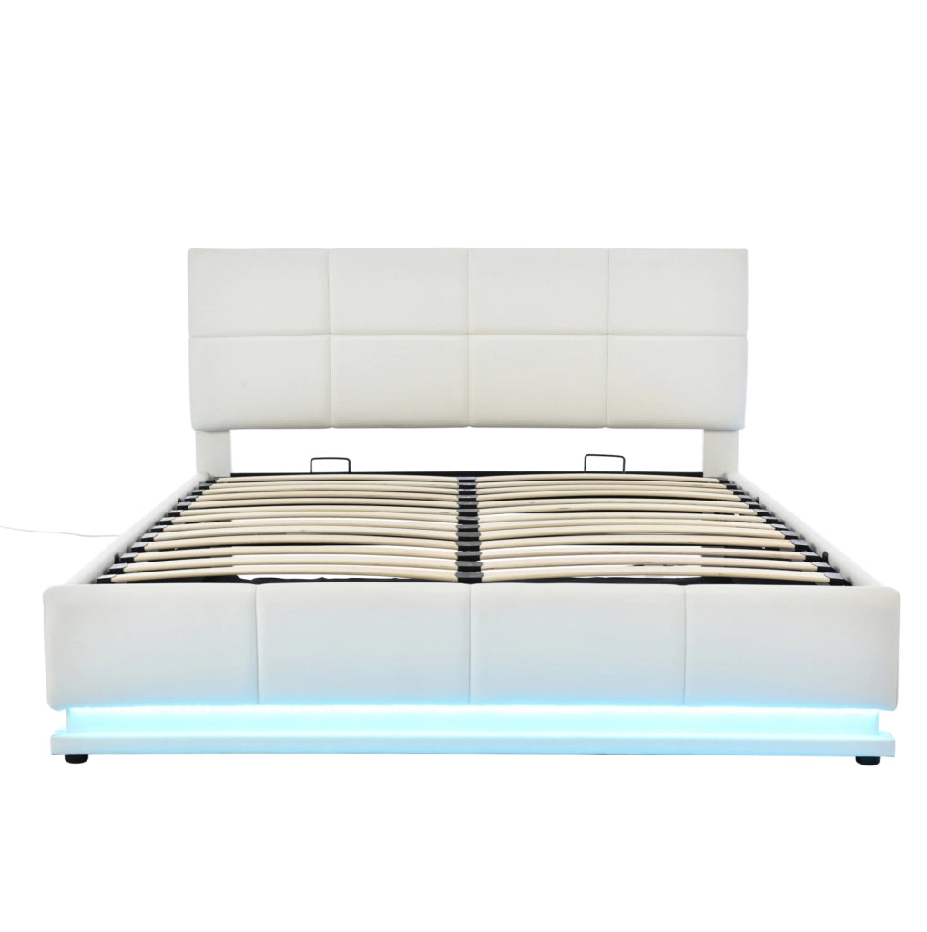 Letto imbottito 160x200 cm con LED e contenitore in similpelle bianco