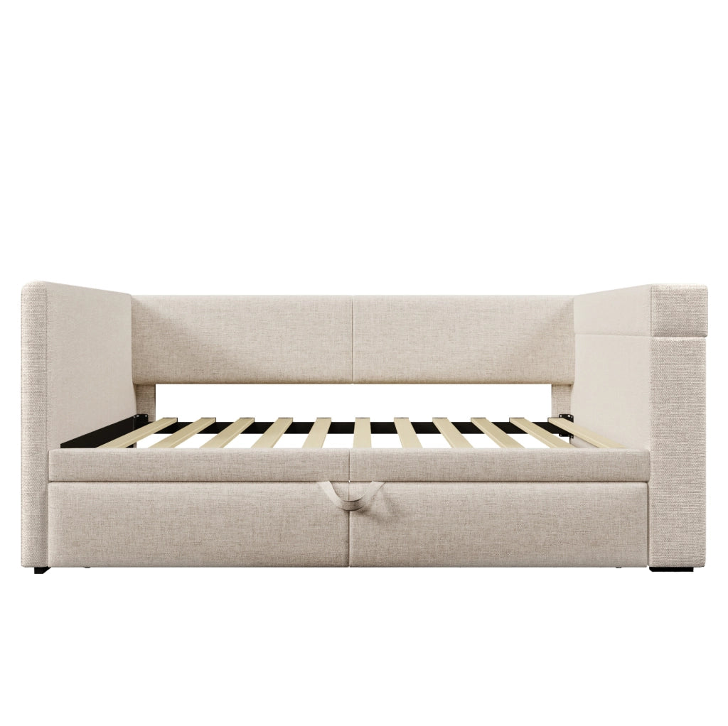 Divano letto con letto estraibile 90x200 cm; cotone e lino beige; USB e Type-C