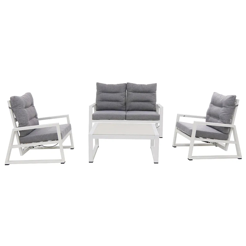 Tempo Style - Salottino Lounge in alluminio MIKONOS bianco/grigio | Lounge da giardino con divano, tavolo, 2 poltrone e cuscini | Set di mobili da giardino in metallo da 4 persone