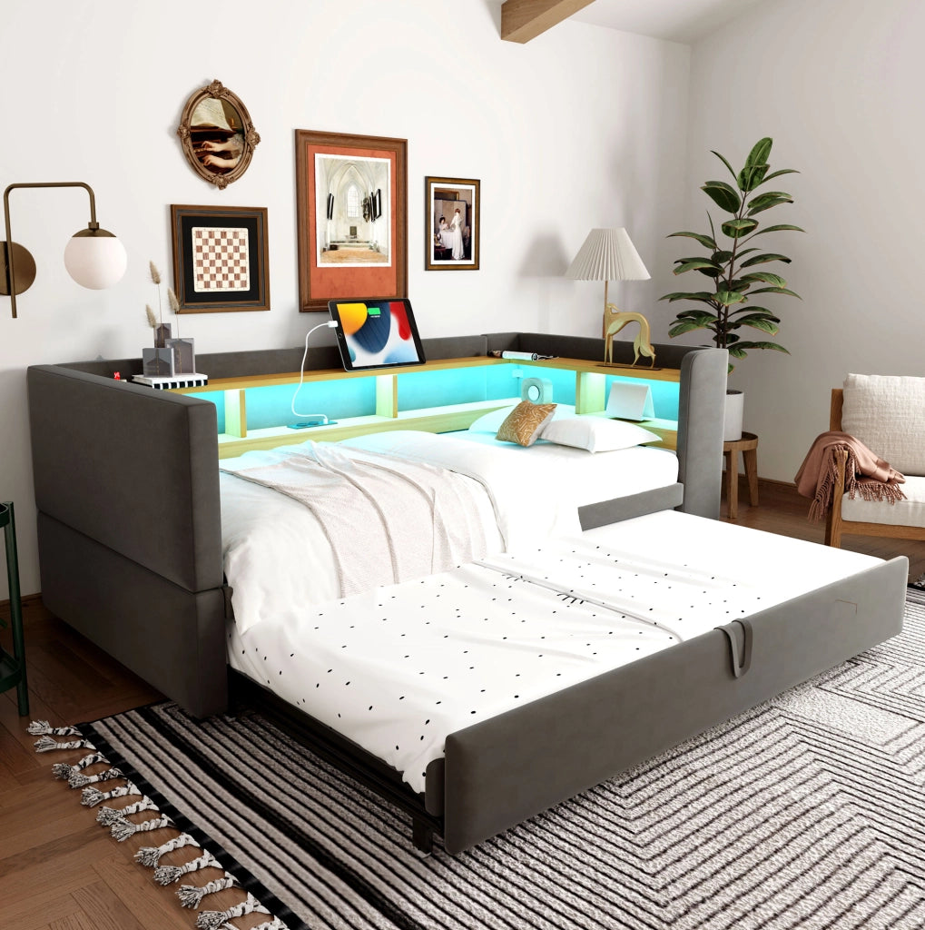 Divano letto imbottito estraibile 90/180x190 cm grigio scuro