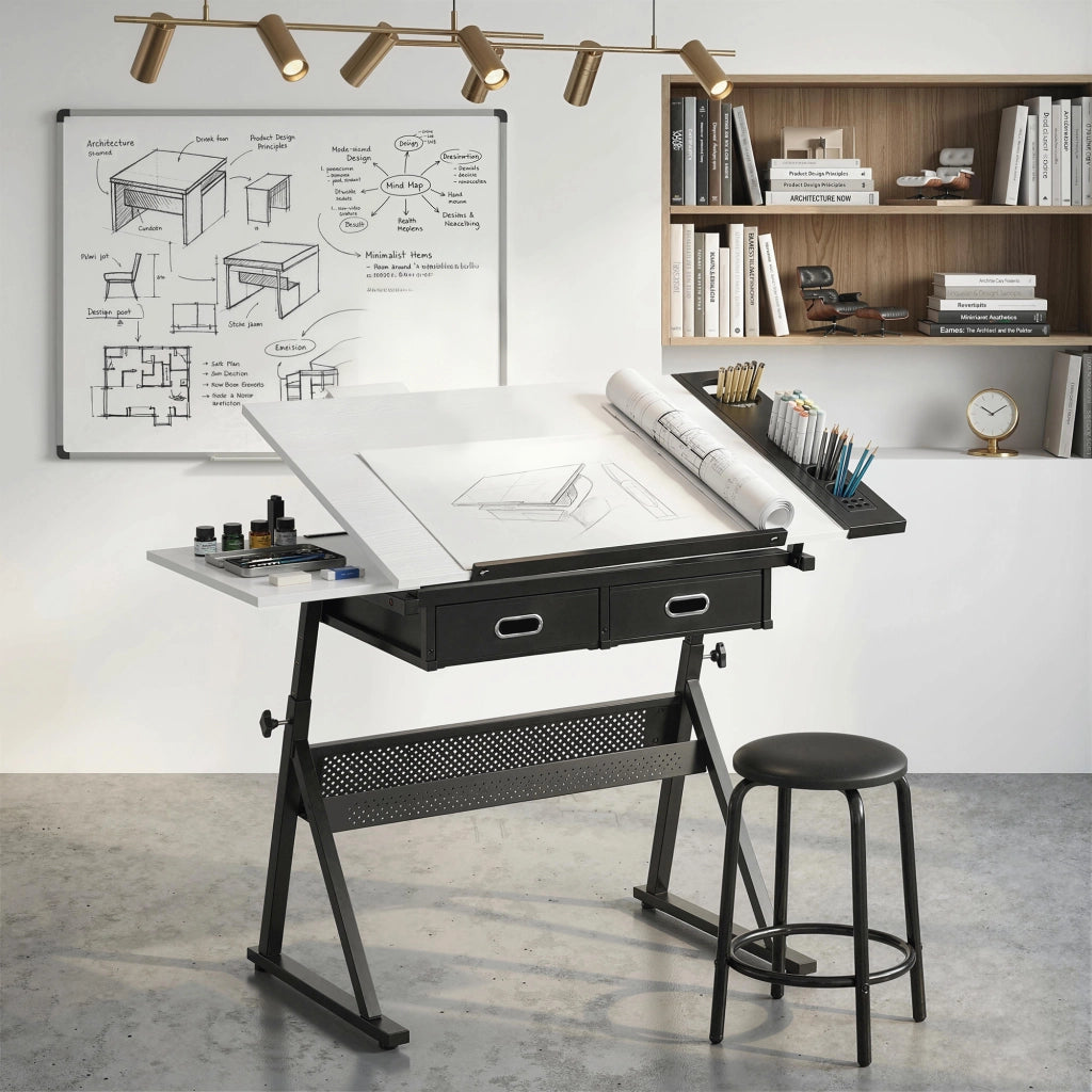 Tavolo da Disegno Regolabile 120x60x92 cm Scrivania e Sgabello per Disegno in MDF Metallo e PU Bianco