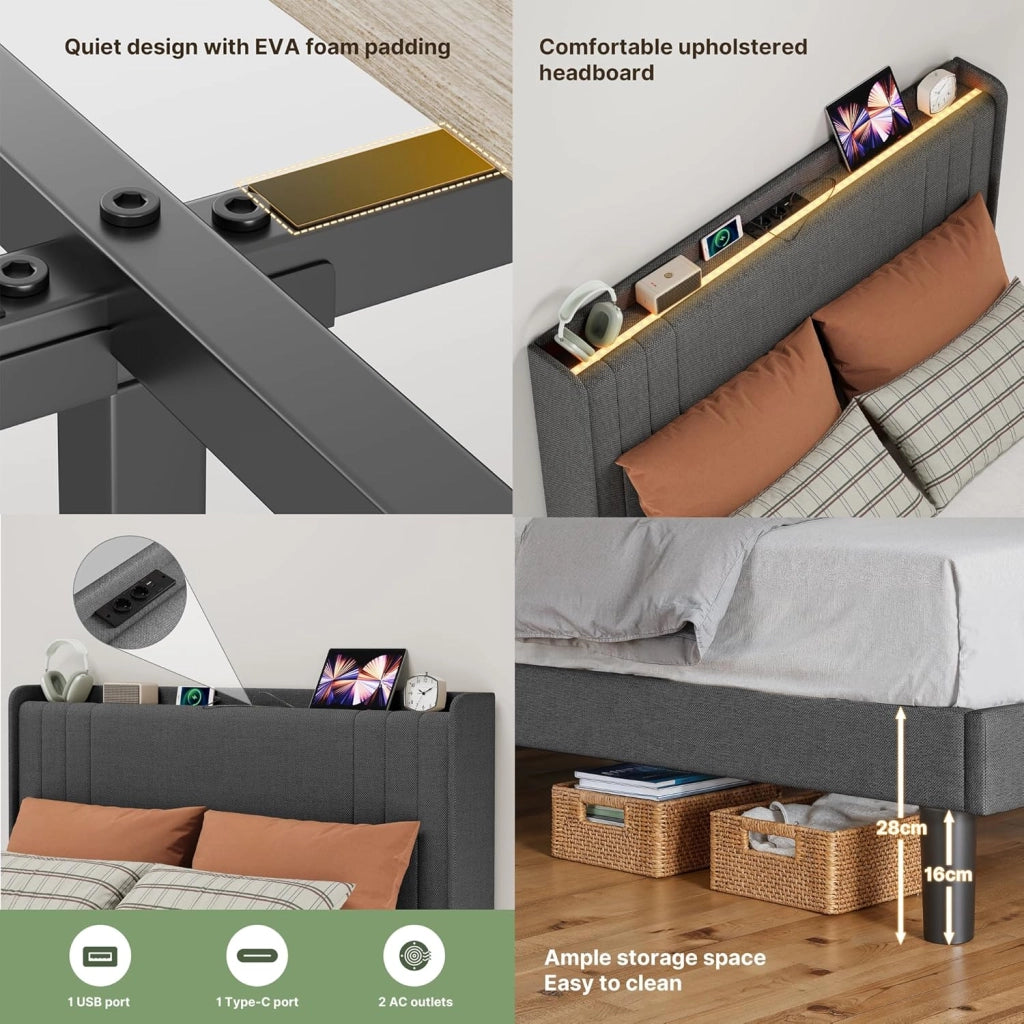 Letto imbottito con luce LED 120 x 200 cm，Piattaforma Struttura letto (2 Prese CA 2 Porte USB), Per le camere degli ospiti e le camere da letto (Grigio scuro)