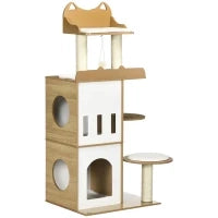 Albero per Gatti in MDF con Tiragraffi per Gatti, 2 Casette per Gatti, Posatoi e Pallina da Gioco, 60x48x133 cm