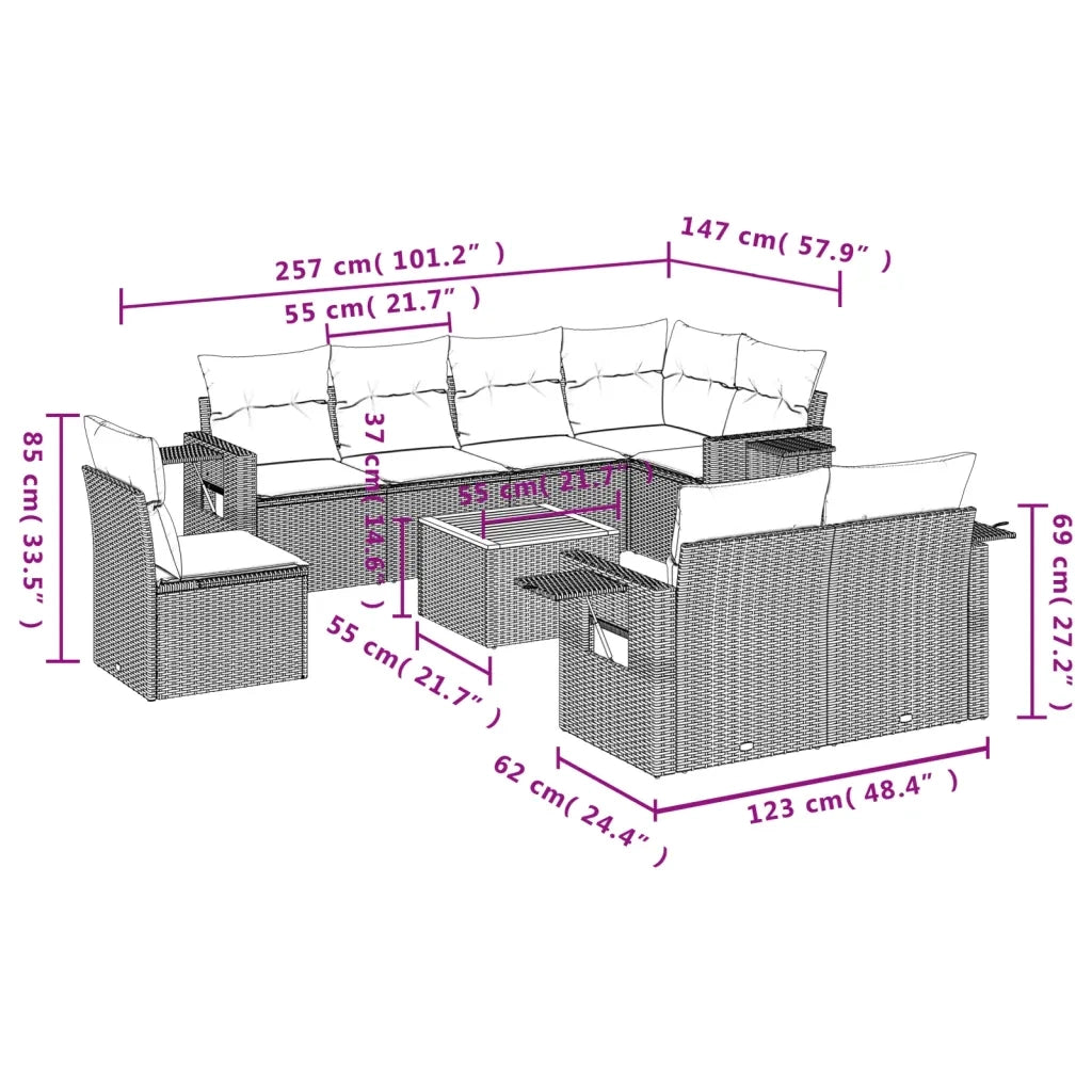 Set Divano da Giardino 9 pz con Cuscini Grigio in Polyrattan 3256991