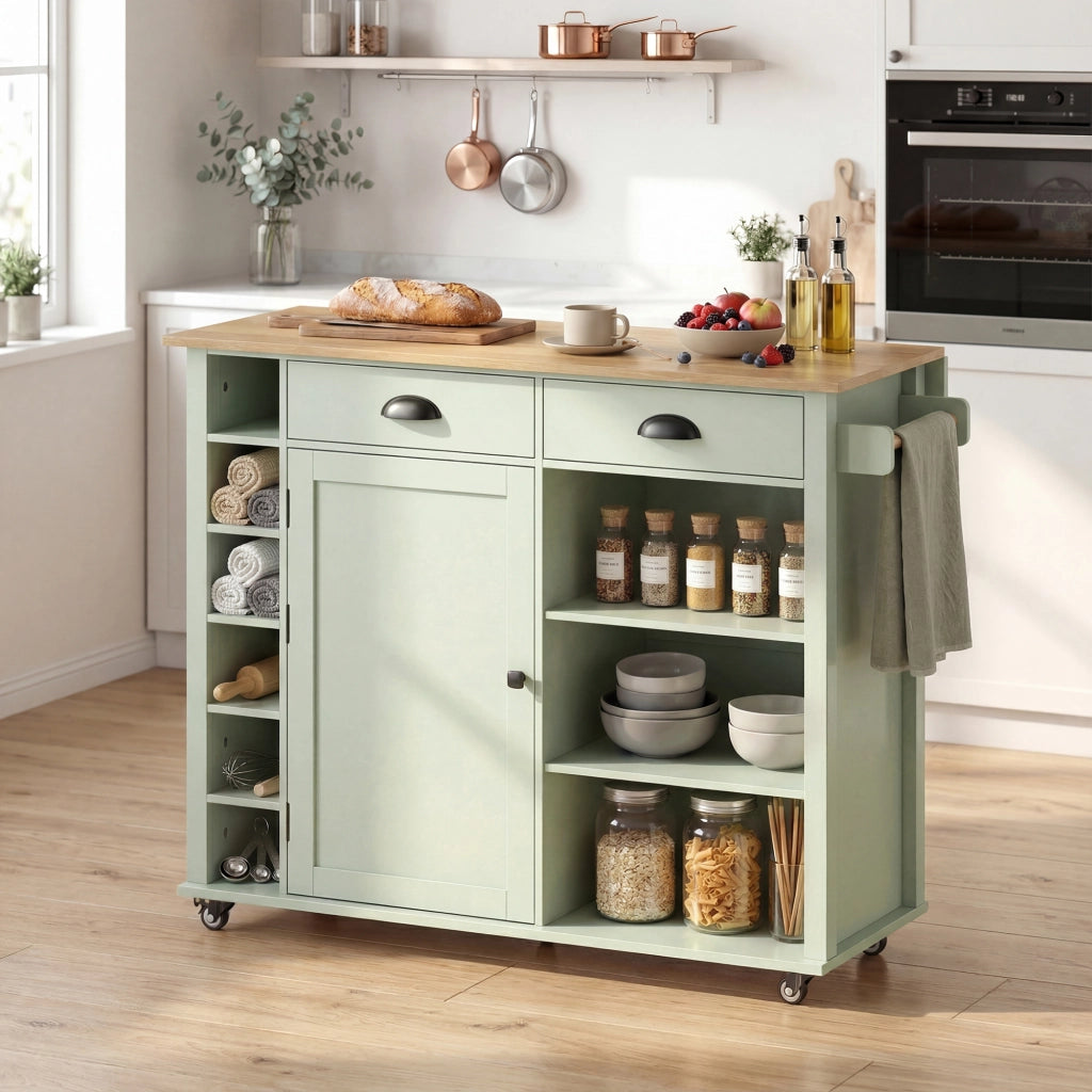 Tavolo da cucina allungabile con rotelle e cassetti ¨C zephmum ¨C verde 120x60x90 cm