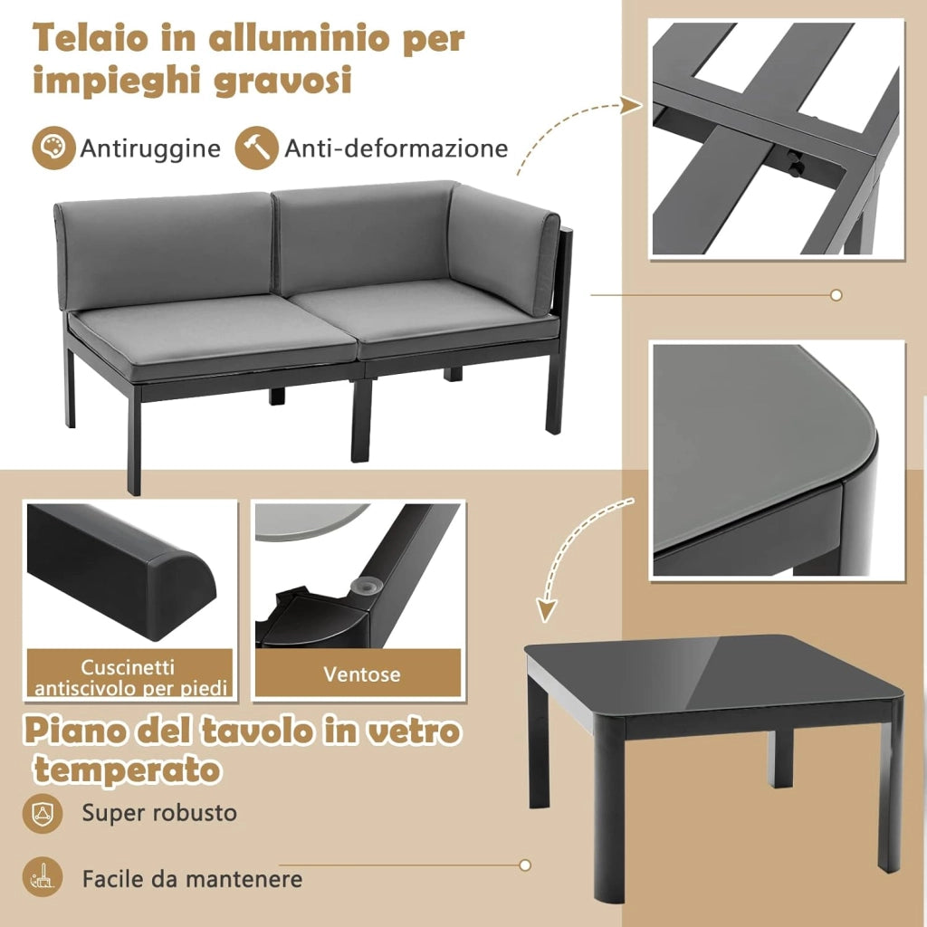 Set di Divani in Alluminio per Patio, Divano a 5 Posti con Schienale Reclinabile a 6 livelli, con Tavolino e Cuscini per Sedili e Schienale, Ideale per Giardino e Piscina, Grigio