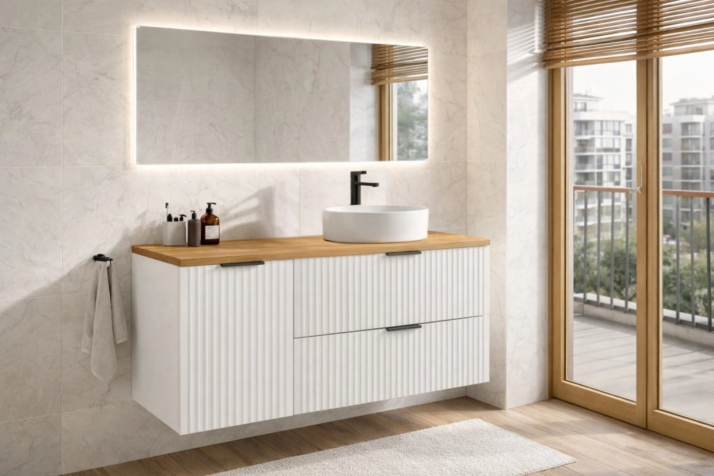 Set mobili bagno 120 cm con piano e mobile con cesto portabiancheria Adel White 120 x 1401 x 46 cm