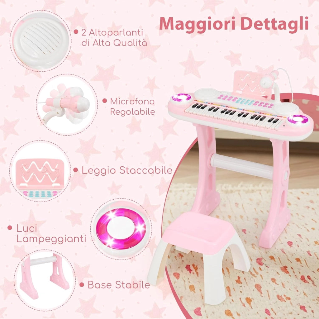 Tastiera Pianoforte a 37 Tasti per Bambini, Piano Elettronico per Bambini con Microfono, Sgabello e Supporto per Spartiti, 8 Ritmi e 8 Strumenti, per Bambini 18+ Mesi (Rosa)
