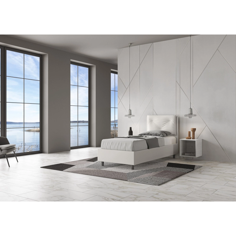 Letto imbottito Singolo 80x210 cm Appia - Bianco,Similpelle,Con rete