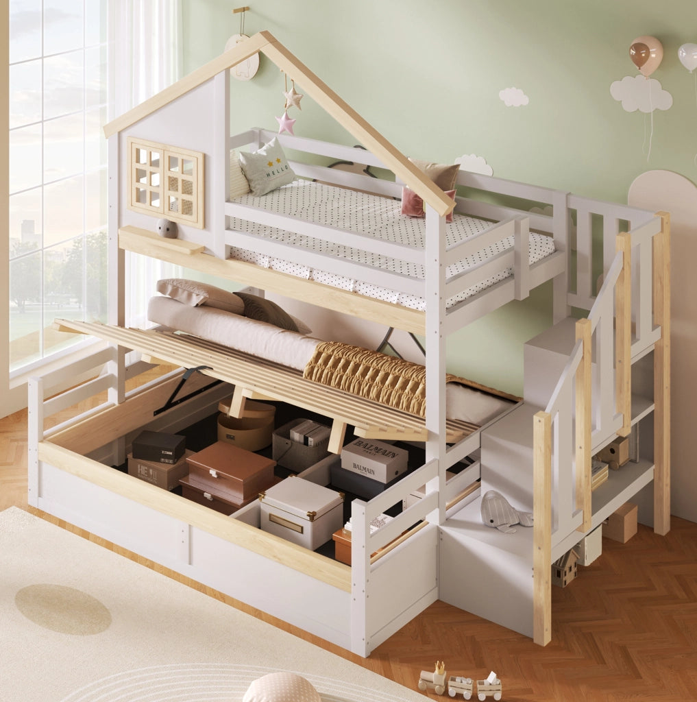 Letto a castello con contenitore idraulico 90x200/140x200 cm; bianco e naturale