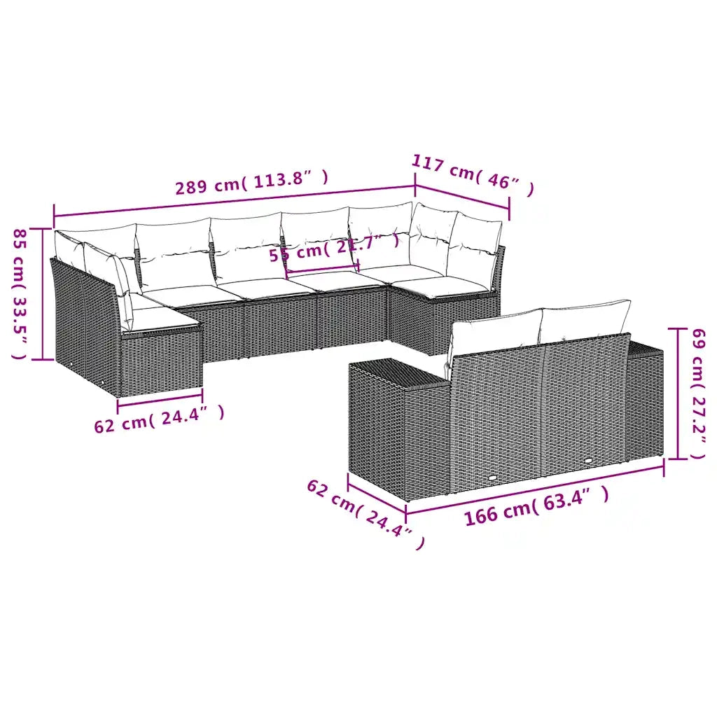 Set Divani da Giardino 9 pz con Cuscini Marrone in Polyrattan 3223023