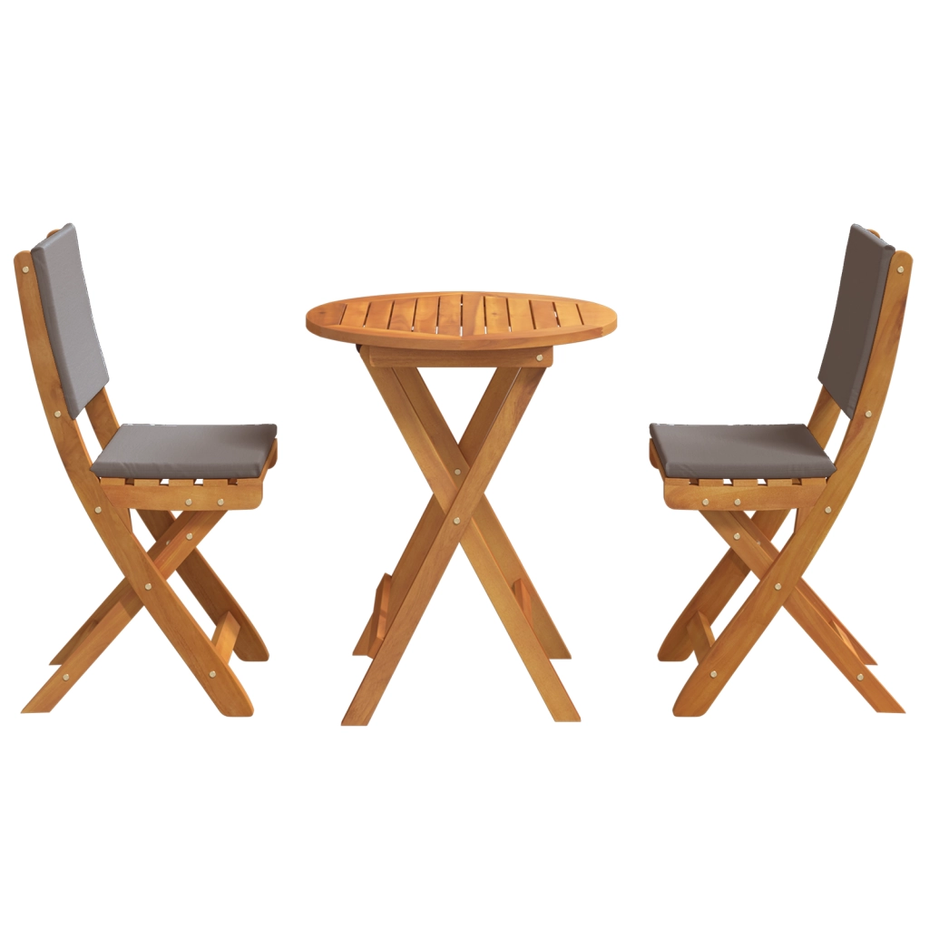 Set Bistro Pieghevole da 3 Pezzi con Cuscini in Legno Massiccio di Acacia
