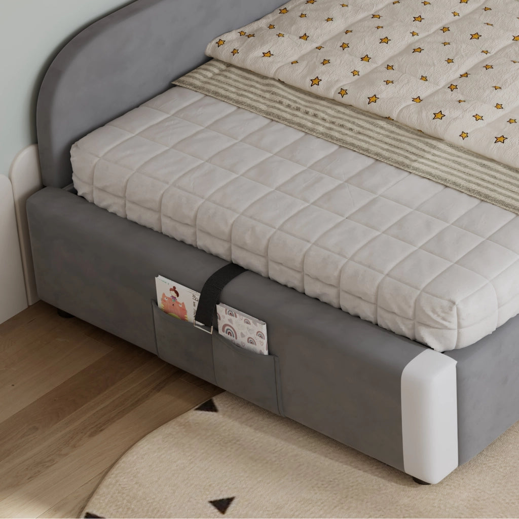 Letto imbottito per bambini con contenitore idraulico; velluto; 90x200 cm