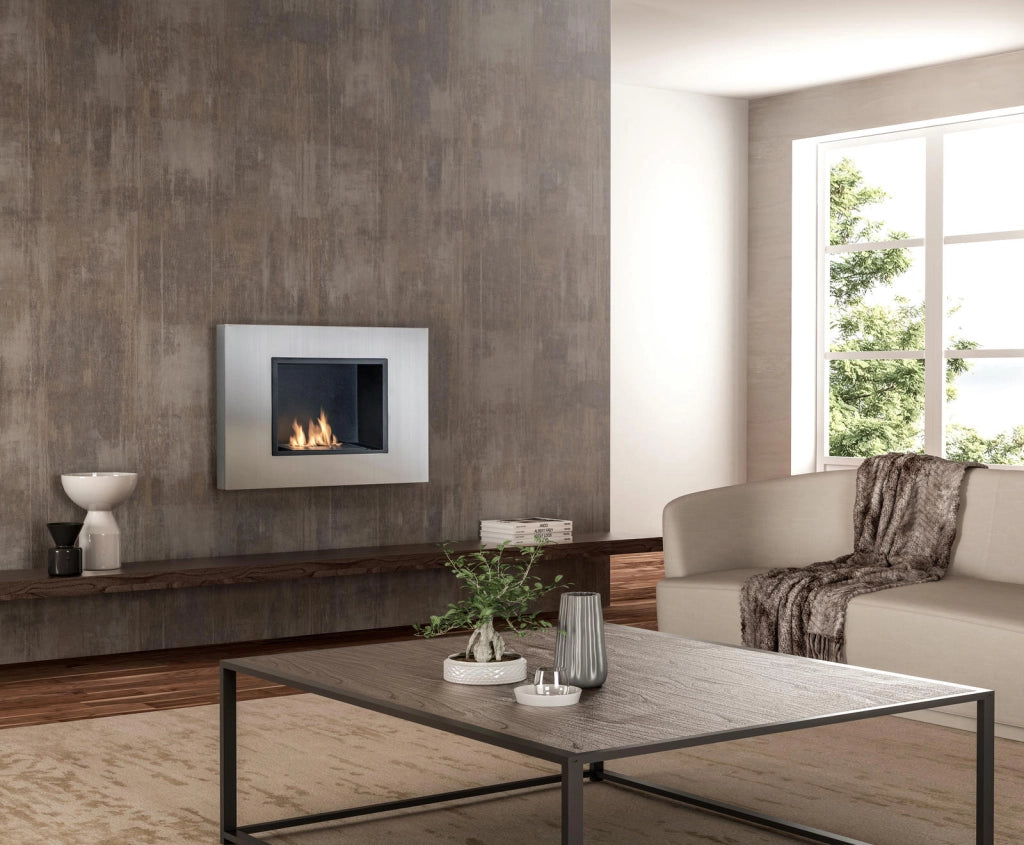 Winter j. Biocamino da parete 2 kW/h in acciaio satinato colore grigio cromo - Bruciatore 1,5 Litri per riscaldamento ambienti fino a 20m2