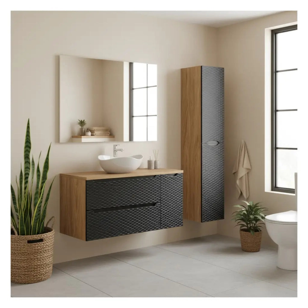 Set da bagno YOKA nero: mobili sotto lavabo + piano per lavabo + lavabo da appoggio + colonna contenitore