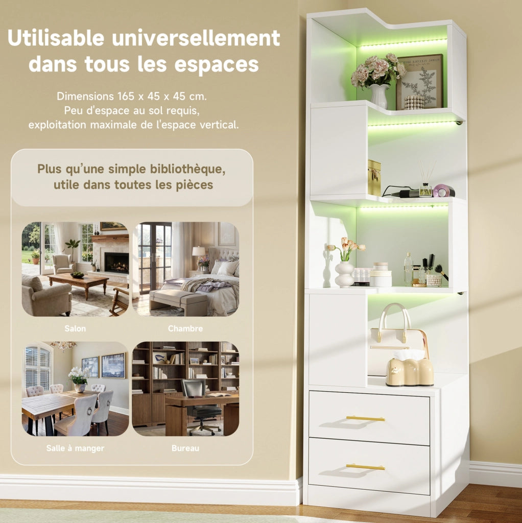 Scaffale angolare bianco con LED, 4 ripiani e 2 cassetti, 165x45x45 cm