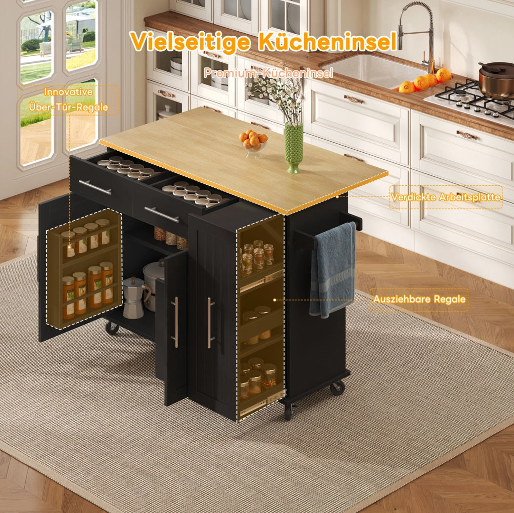 Isola da cucina mobile con piano pieghevole; organizer estraibile a 3 livelli; MDF; nero e naturale
