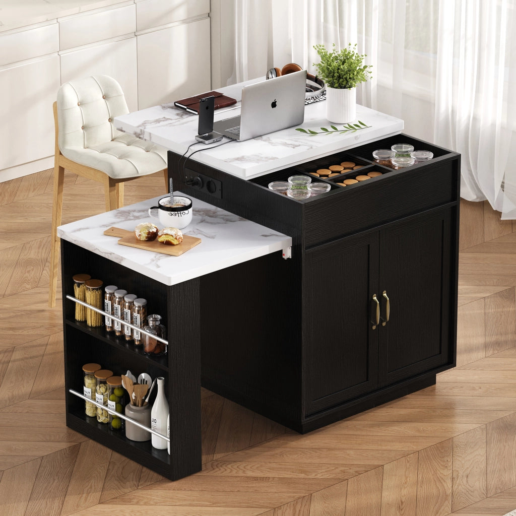 Carrello da Cucina con Tavolo Estensibile; 2 Cassetti; Ripiani Aperti; LED; USB e Type-C; in MDF; Nero