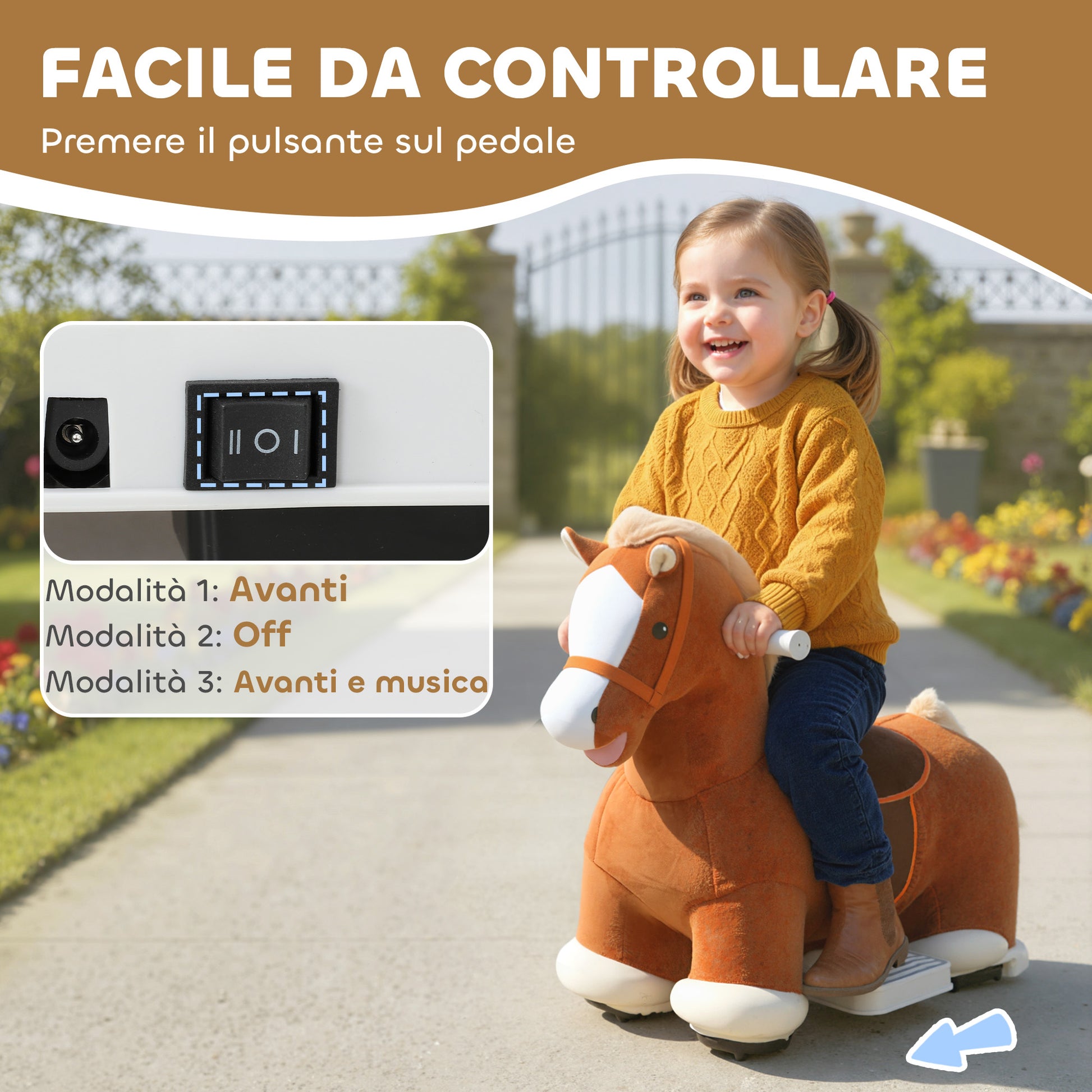 Cavallo Elettrico per Bambini 74x34x51 cm con Pedali Rotelle e Suoni in Peluche e Metallo Marrone