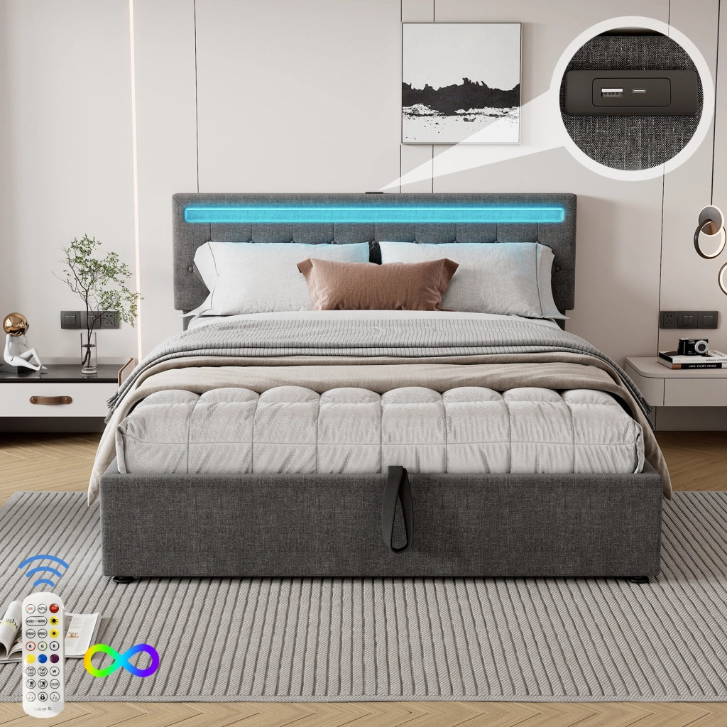Letto imbottito matrimoniale 160 × 200 cm con contenitore sollevabile, led regolabile, usb e tipo-c, senza materasso, grigio