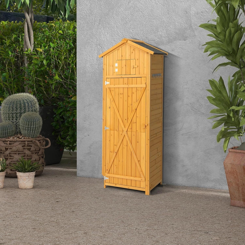 Casetta da Giardino in legno, Capanno per Attrezzi Multifunzione, Armadietto da Giardino con Tetto a 2 Falde, Scaffale, Tavolo Pieghevole, 65 x 42 x 180,5 cm, Colore Naturale