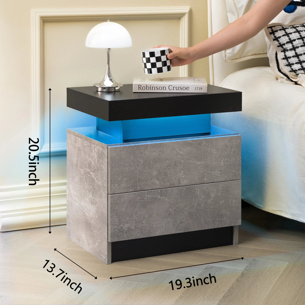 Comodino con LED multicolore, 2 cassetti e vano aperto, per camera da letto, in legno ingegnerizzato, grigio