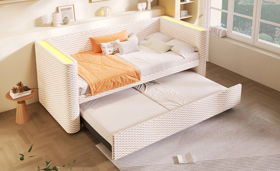 Divano Letto Multifunzionale 90x200 cm con LED e Struttura in Velluto Beige