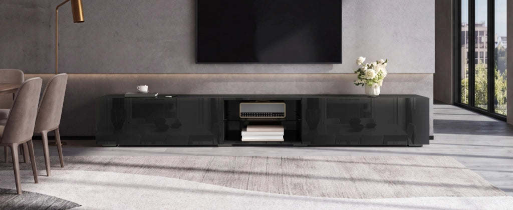 Mobile porta TV con LED e 2 ante a ribalta, vano aperto con ripiano trasparente e passacavi, nero, 200 × 30 × 30 cm