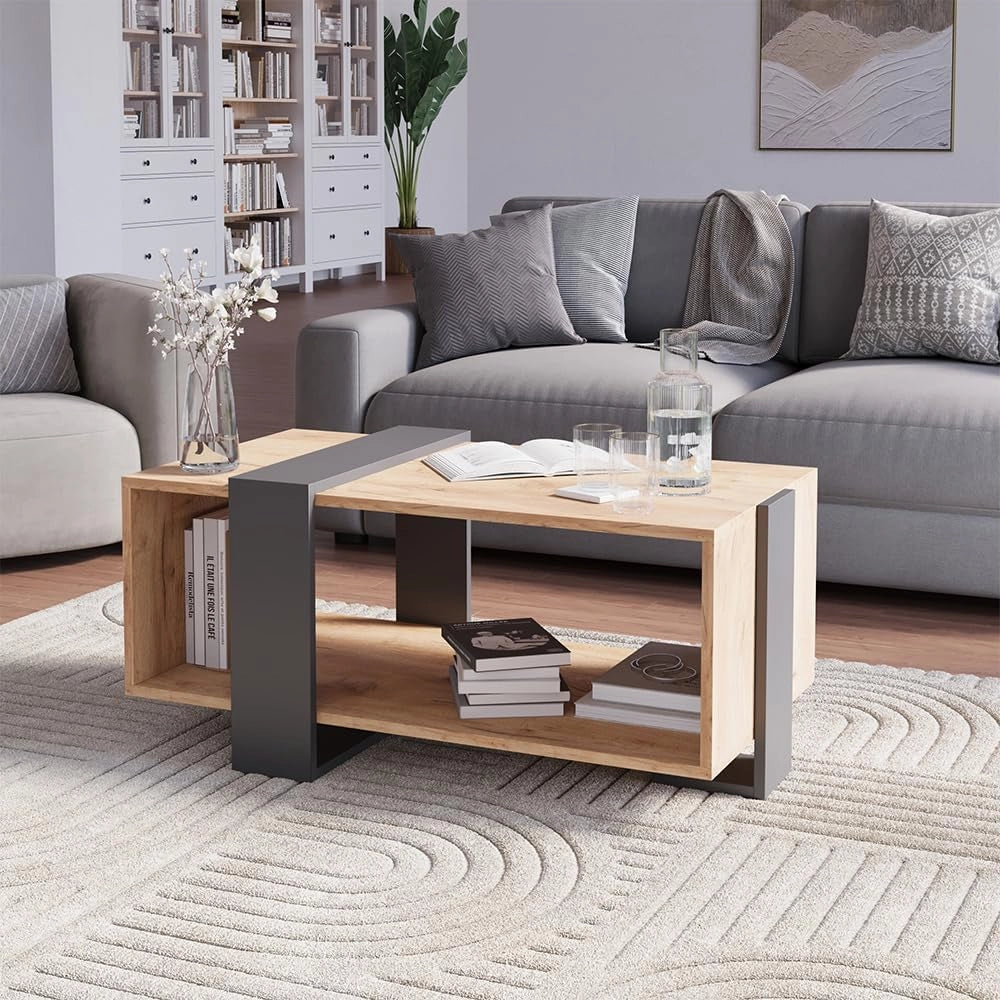 Tavolino Aven, Antracite/quercia dorata, 91.5 x 52 cm, con ripiano aggiuntivo per libri e riviste